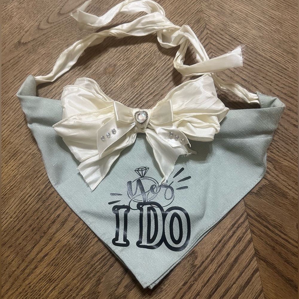 Handmade Girl Dog Sage & Ivory Cream Wedding Bow with Bling Bandanna. Super cute
